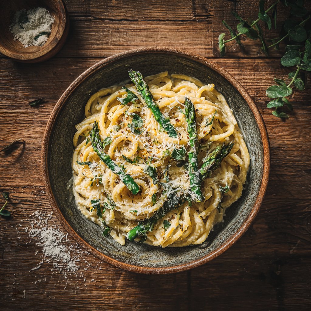 One Pot Creamy Garlic and Asparagus Pasta